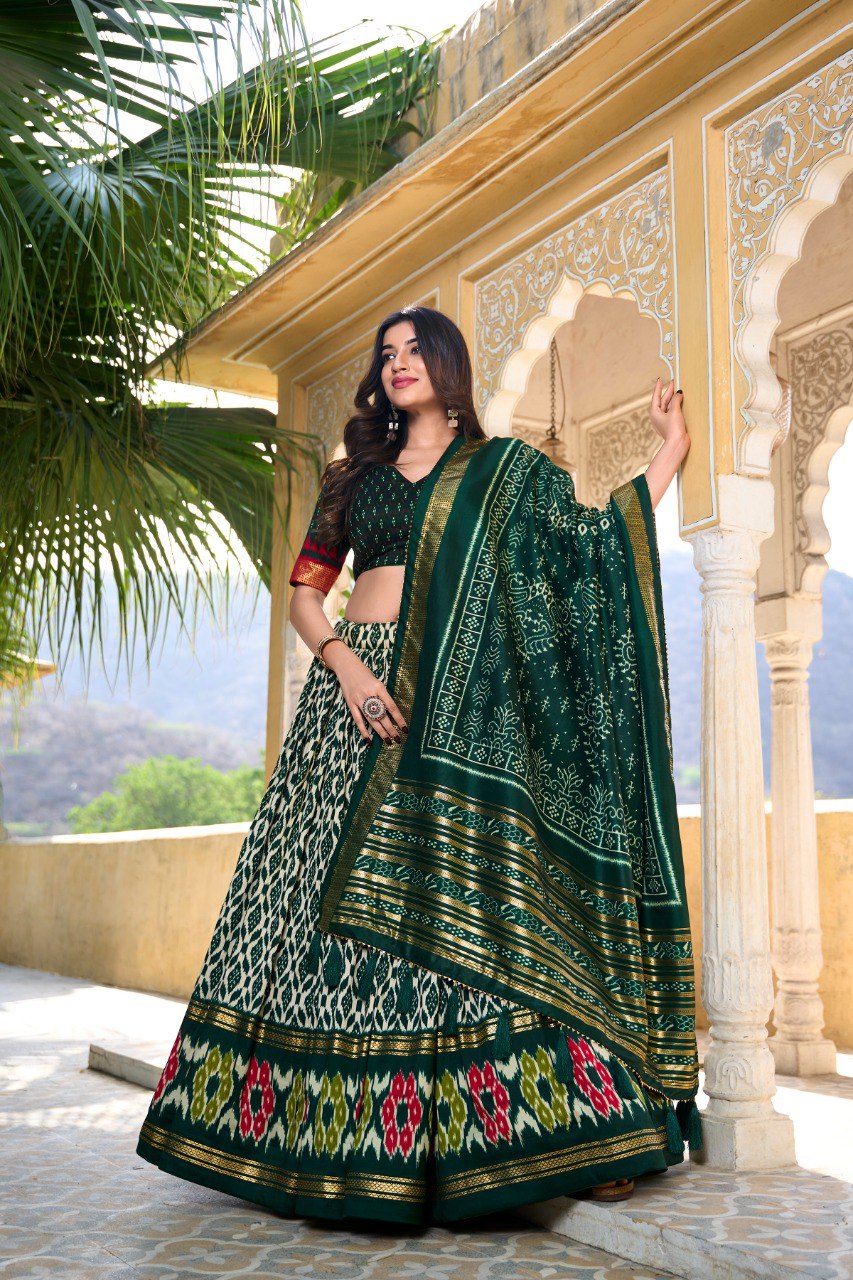 Green Colour Tussar Silk Ikkat Print With Foil Work Lehenga Choli