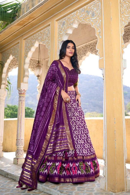 Purple Colour Tussar Silk Ikkat Print With Foil Work Lehenga Choli