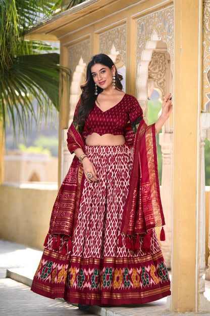 Maroon Colour Tussar Silk Ikkat Print With Foil Work Lehenga Choli