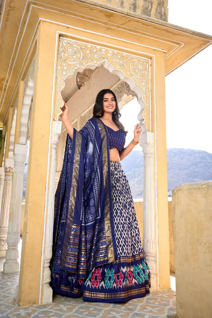 Navy Blue Colour Tussar Silk Ikkat Print With Foil Work Lehenga Choli