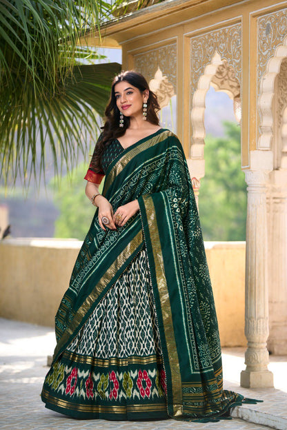 Green Colour Tussar Silk Ikkat Print With Foil Work Lehenga Choli