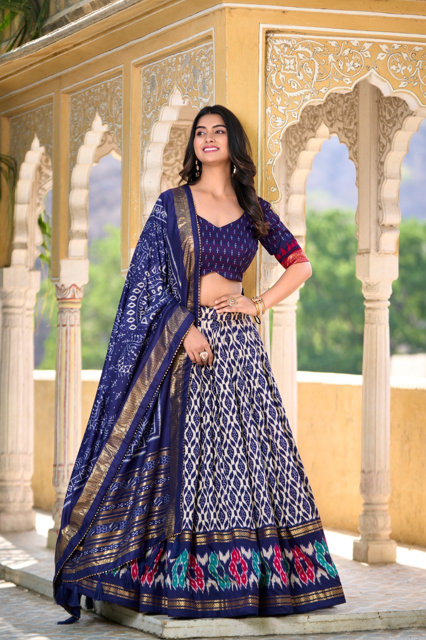 Navy Blue Colour Tussar Silk Ikkat Print With Foil Work Lehenga Choli