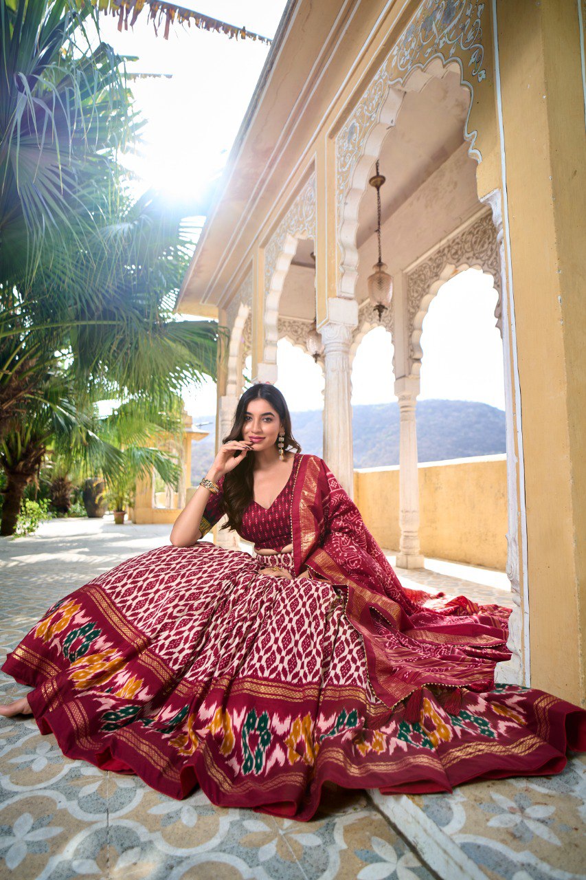 Maroon Colour Tussar Silk Ikkat Print With Foil Work Lehenga Choli