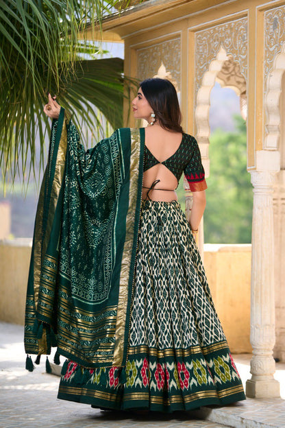 Green Colour Tussar Silk Ikkat Print With Foil Work Lehenga Choli