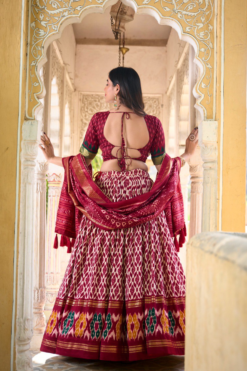 Maroon Colour Tussar Silk Ikkat Print With Foil Work Lehenga Choli