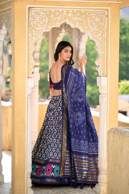 Navy Blue Colour Tussar Silk Ikkat Print With Foil Work Lehenga Choli