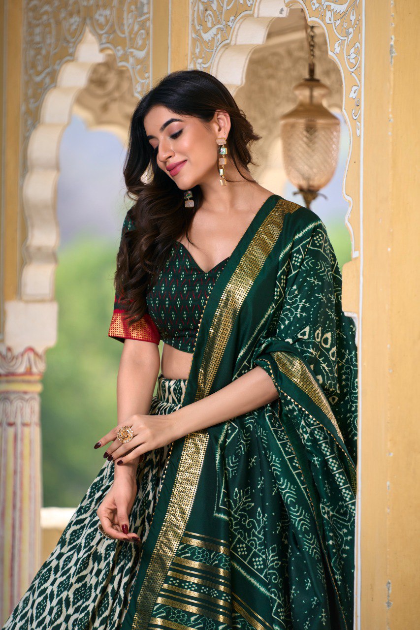 Green Colour Tussar Silk Ikkat Print With Foil Work Lehenga Choli