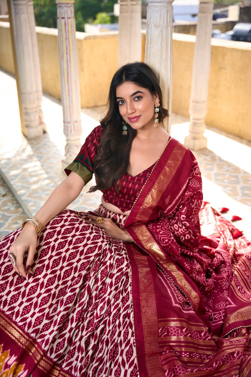 Maroon Colour Tussar Silk Ikkat Print With Foil Work Lehenga Choli