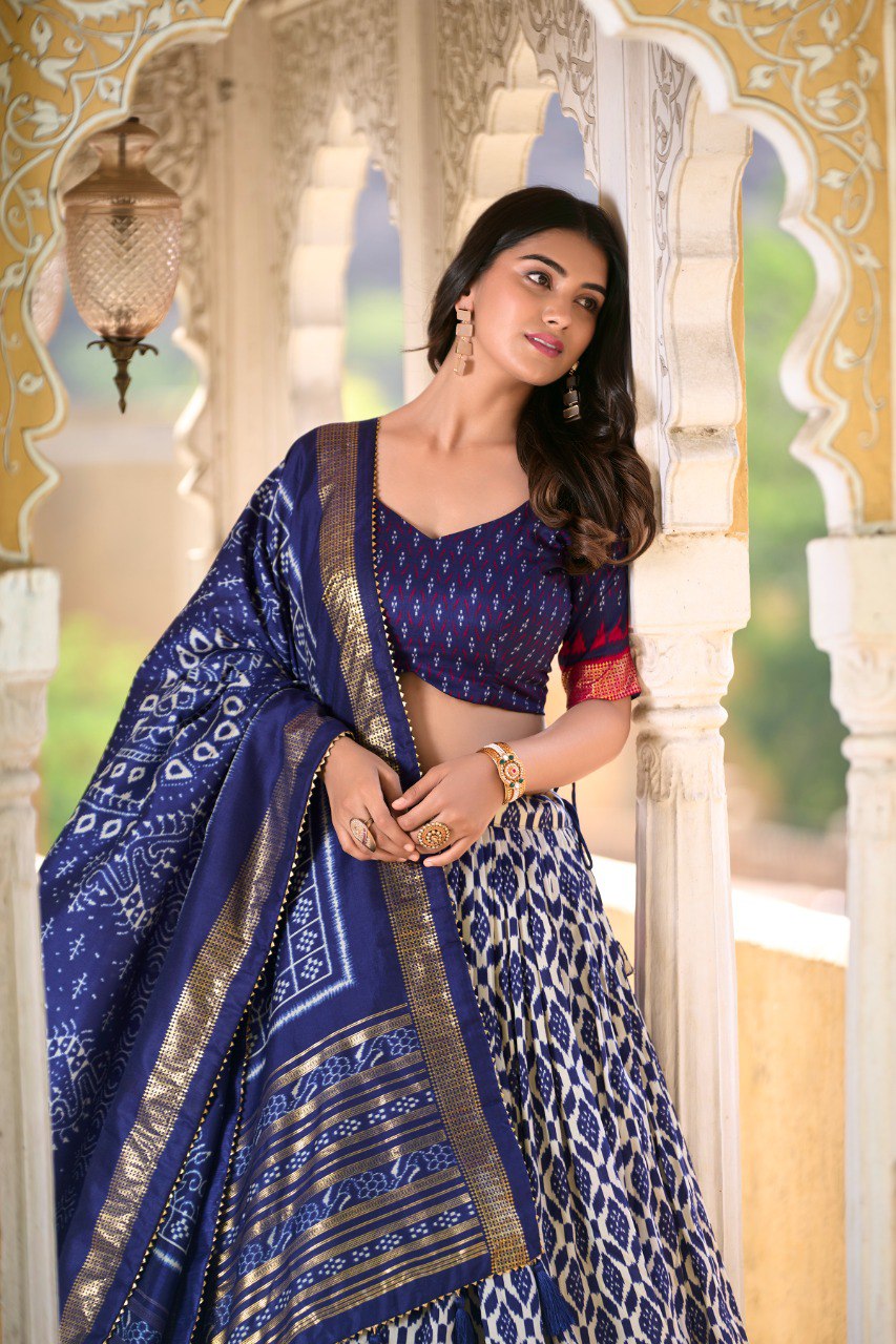 Navy Blue Colour Tussar Silk Ikkat Print With Foil Work Lehenga Choli