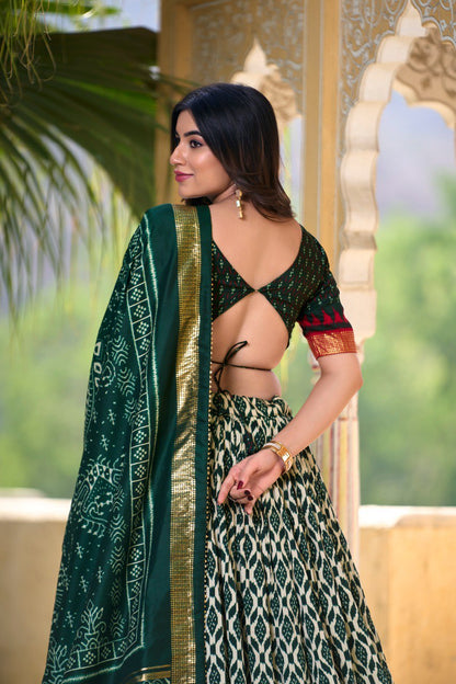 Green Colour Tussar Silk Ikkat Print With Foil Work Lehenga Choli