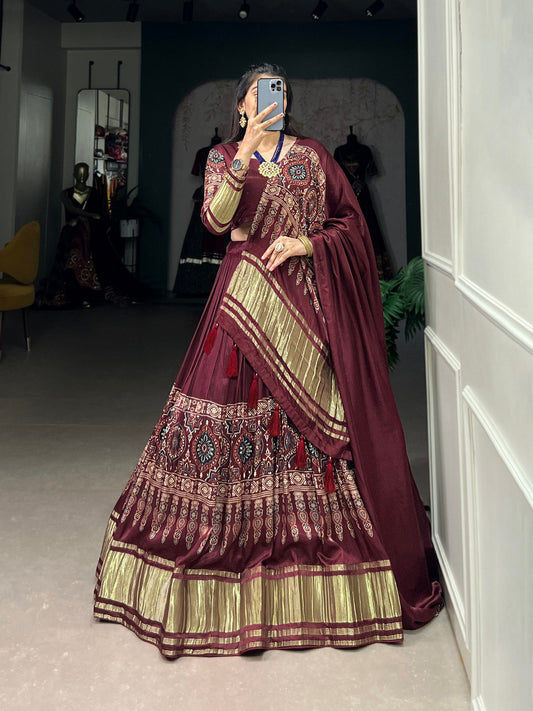 Maroon Color Gaji Silk Digital Print With Lagadi Patta Stitched With Canvas and Can Can Lehenga Choli