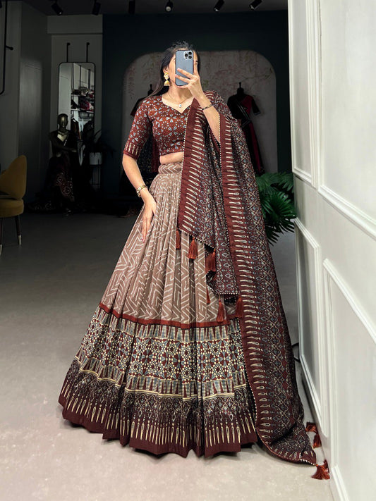 Brown Color Tussar Silk Bandhej And Ajarakh Print Work Lehenga Choli