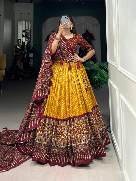 Mustard Color Tussar Silk Bandhej And Ajarakh Print Work Lehenga Choli