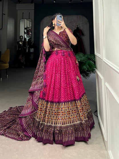 Pink Color Tussar Silk Bandhej And Ajarakh Print Work Lehenga Choli