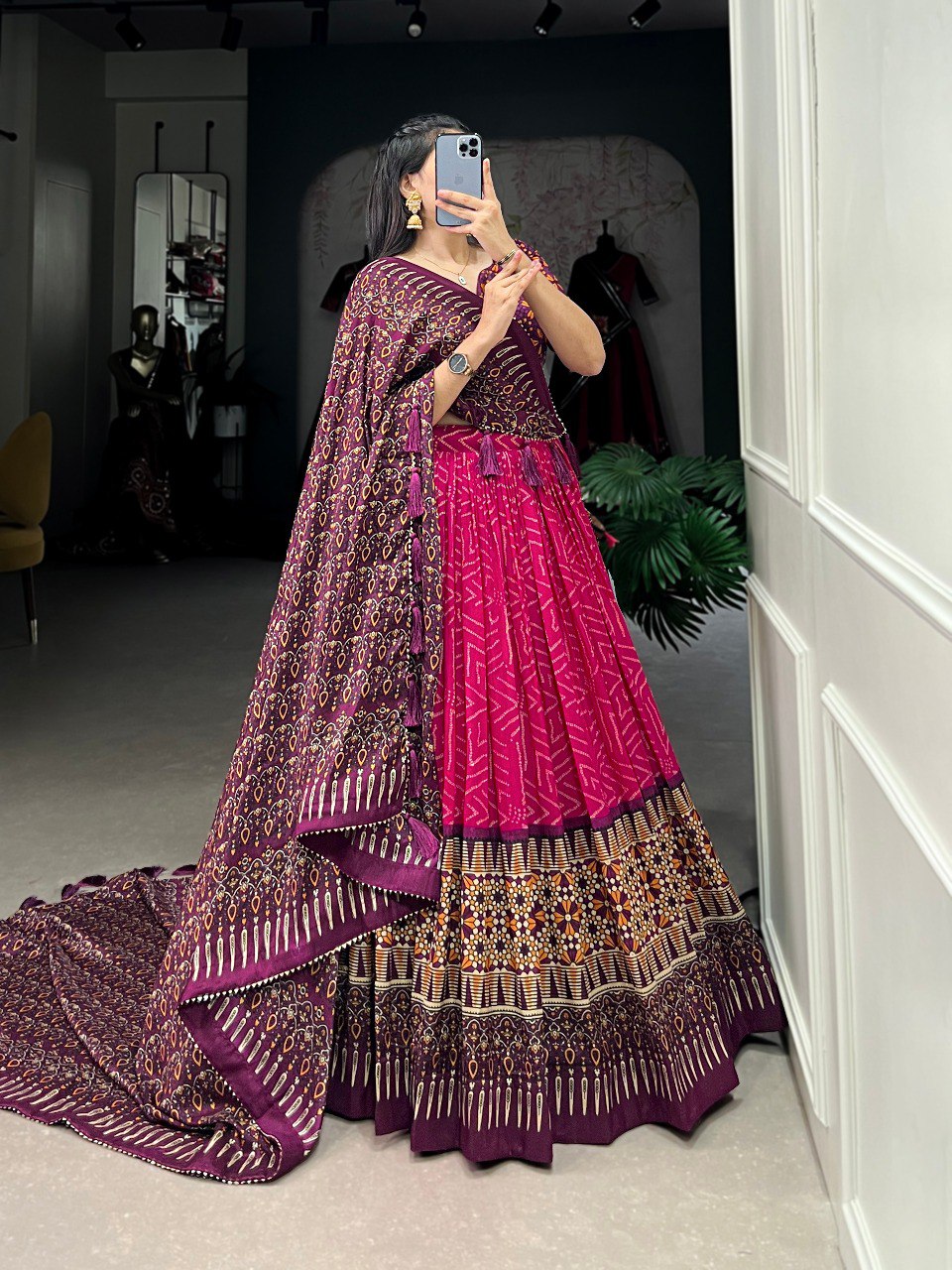 Pink Color Tussar Silk Bandhej And Ajarakh Print Work Lehenga Choli