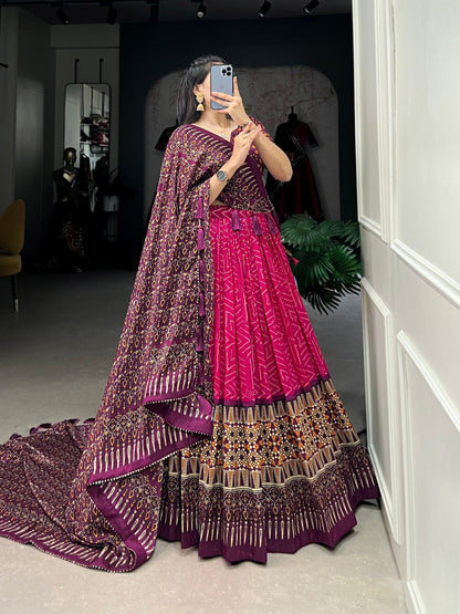 Pink Color Tussar Silk Bandhej And Ajarakh Print Work Lehenga Choli