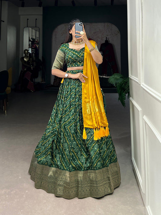 Green Color Viscose Dola Silk Printed With Zari Weaving Border Lehenga Choli