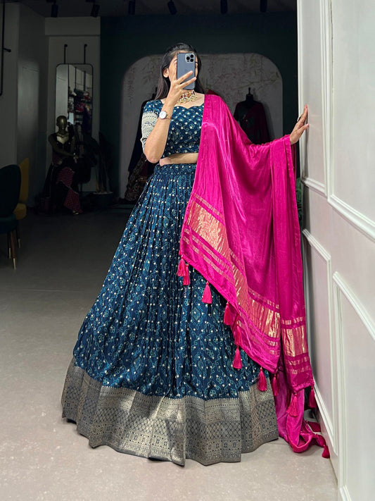 Navy Blue Color Viscose Dola Silk Printed With Zari Weaving Border Lehenga Choli