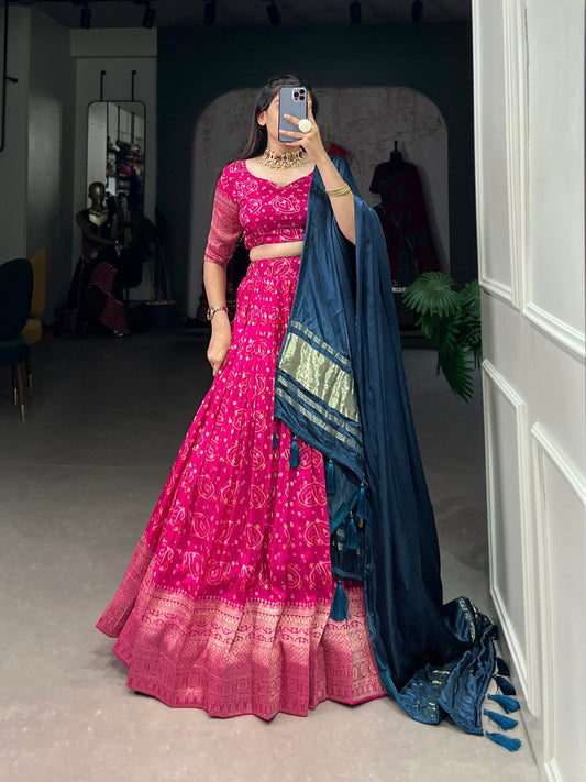 Pink Color Viscose Dola Silk Printed With Zari Weaving Border Lehenga Choli