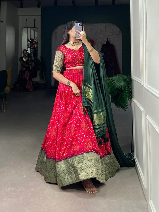 Red Color Viscose Dola Silk Printed With Zari Weaving Border Lehenga Choli