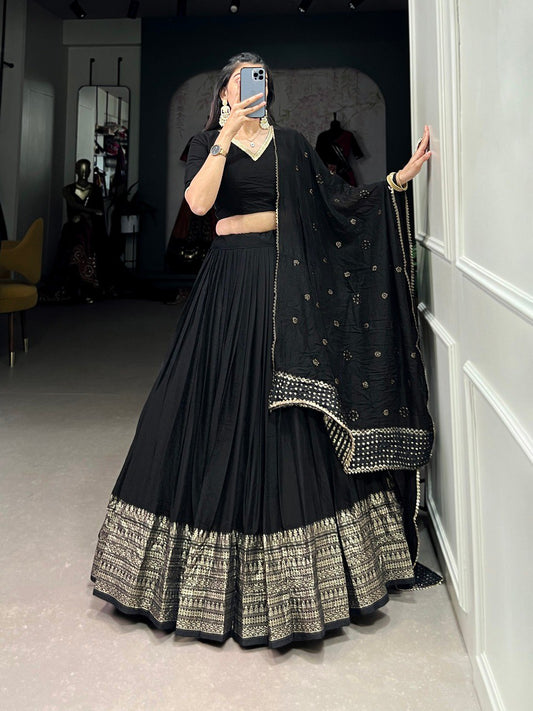 Black Color Pure Chanderi Plain With Zari Weaving Work Border Lehenga Choli