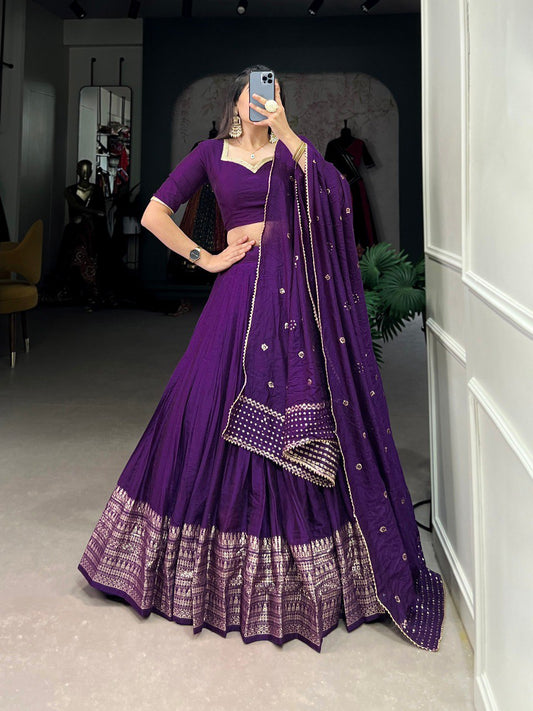 Dark Purple Color Pure Chanderi Plain With Zari Weaving Work Border Lehenga Choli