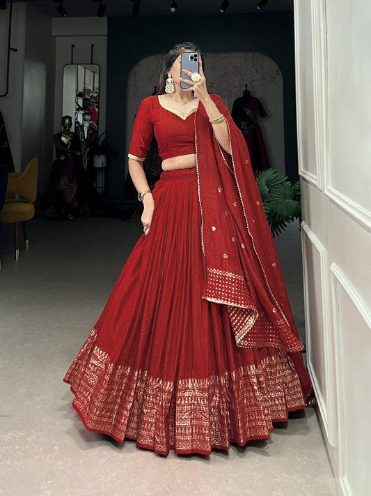 Red Color Pure Chanderi Plain With Zari Weaving Work Border Lehenga Choli