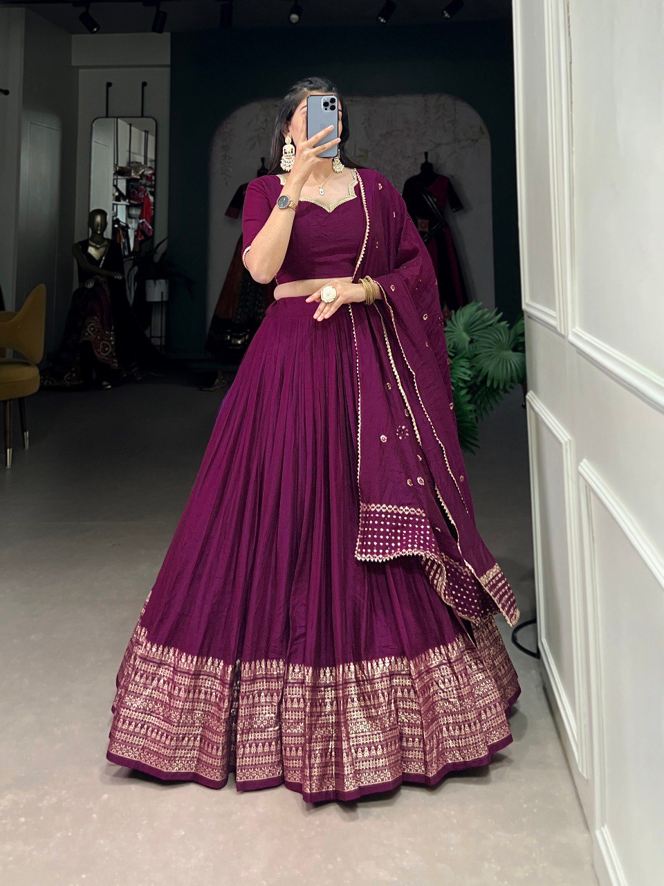 Wine Color Pure Chanderi Plain With Zari Weaving Work Border Lehenga Choli