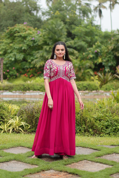 Pink Color Faux Blooming With Embroidery Zari Sequins Work Readymade Gown