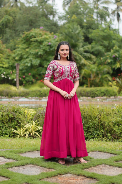 Pink Color Faux Blooming With Embroidery Zari Sequins Work Readymade Gown