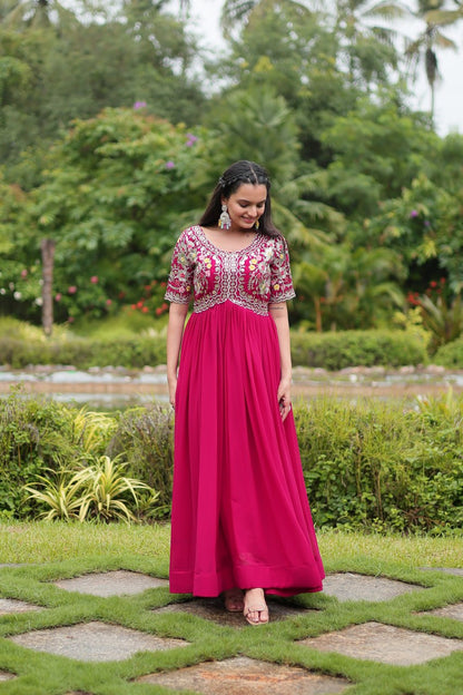 Pink Color Faux Blooming With Embroidery Zari Sequins Work Readymade Gown