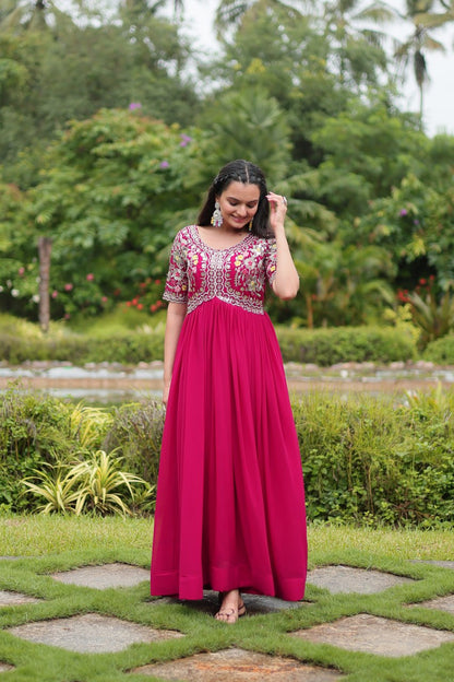 Pink Color Faux Blooming With Embroidery Zari Sequins Work Readymade Gown