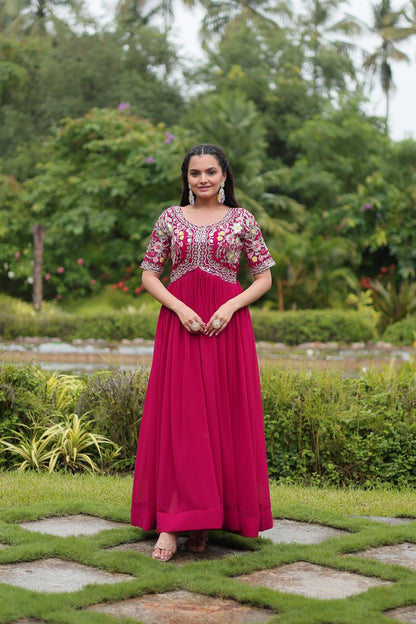 Pink Color Faux Blooming With Embroidery Zari Sequins Work Readymade Gown