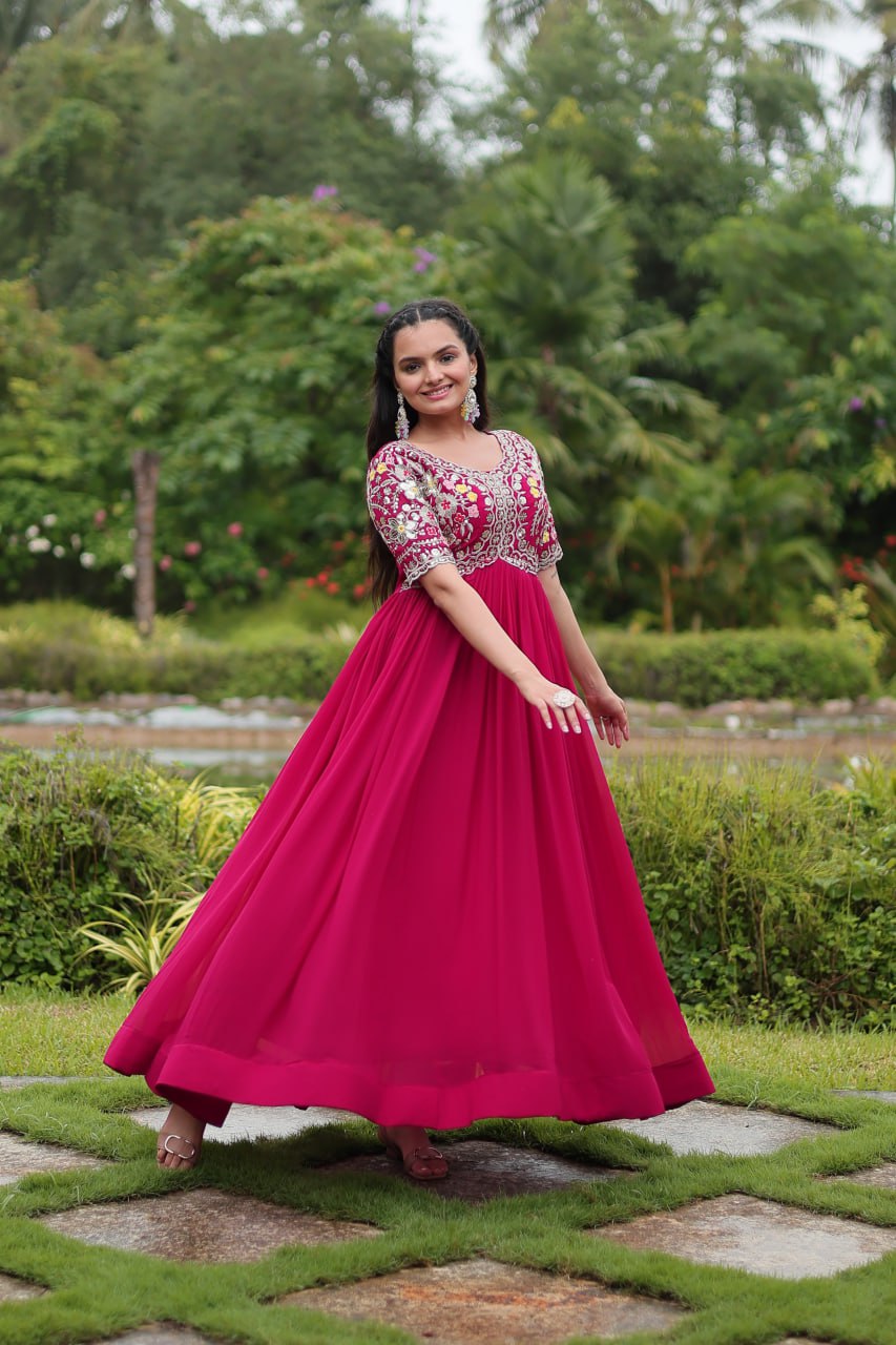 Pink Color Faux Blooming With Embroidery Zari Sequins Work Readymade Gown