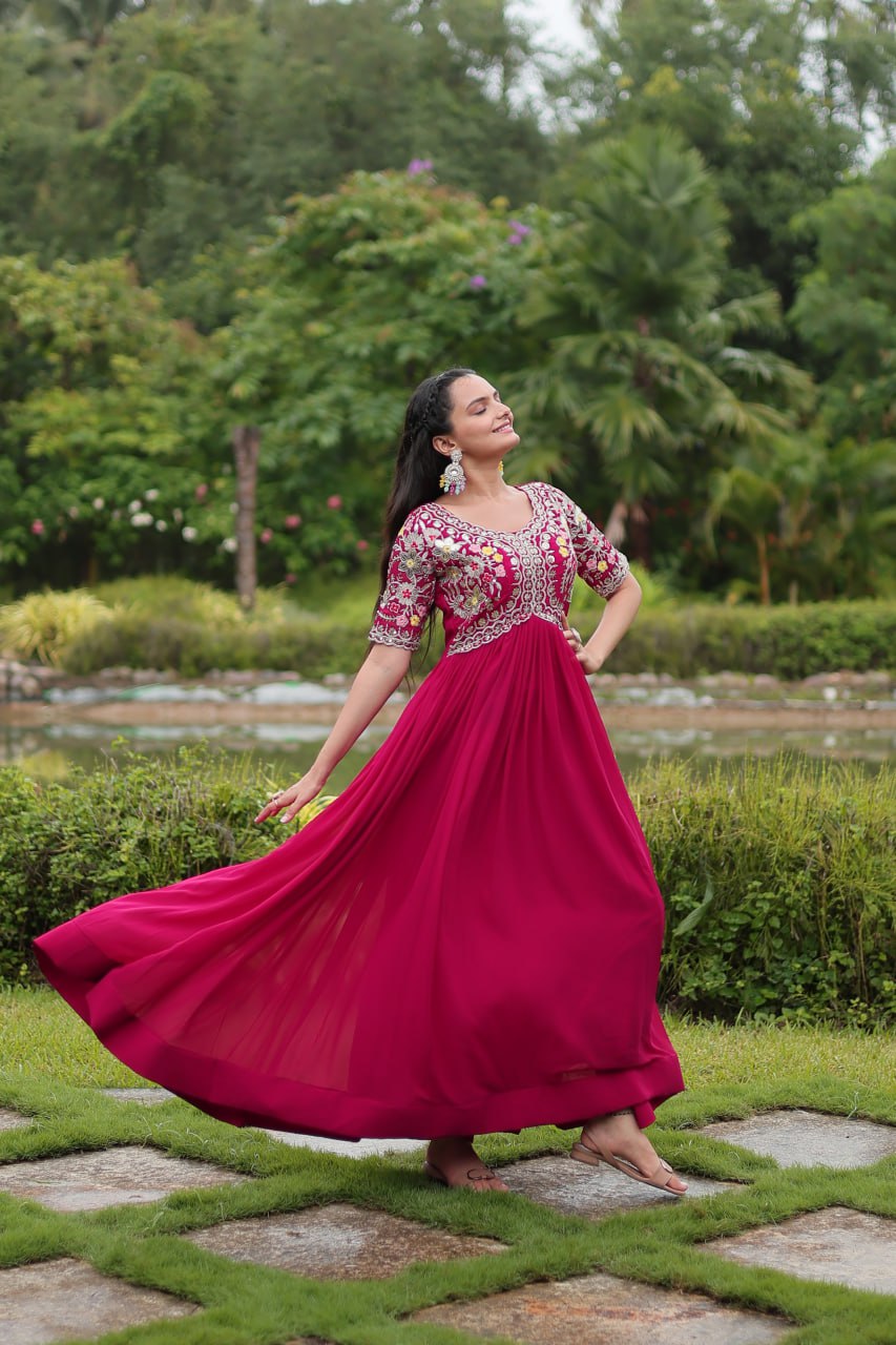 Pink Color Faux Blooming With Embroidery Zari Sequins Work Readymade Gown