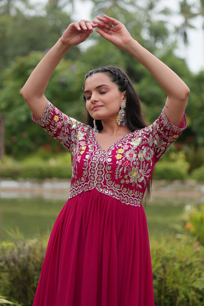 Pink Color Faux Blooming With Embroidery Zari Sequins Work Readymade Gown