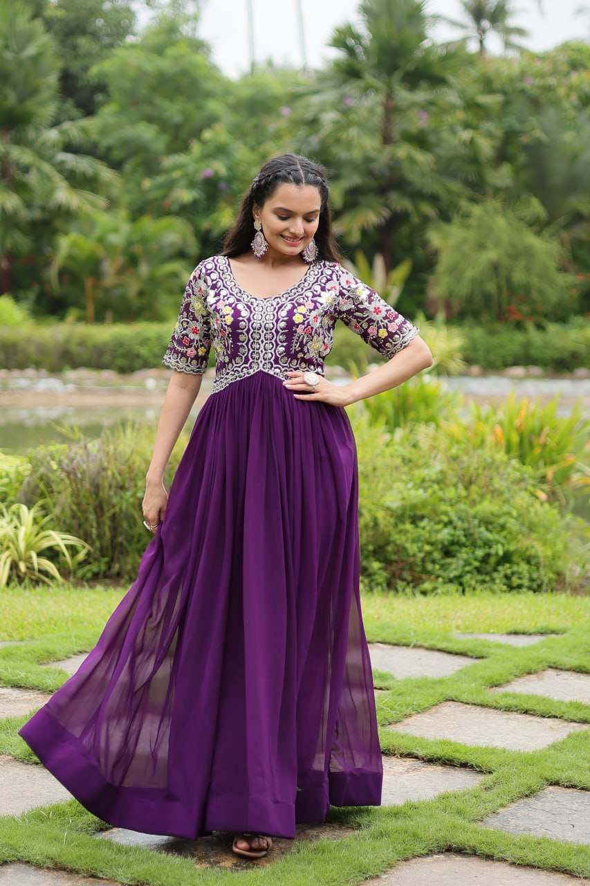 Purple Color Faux Blooming With Embroidery Zari Sequins Work Readymade Gown