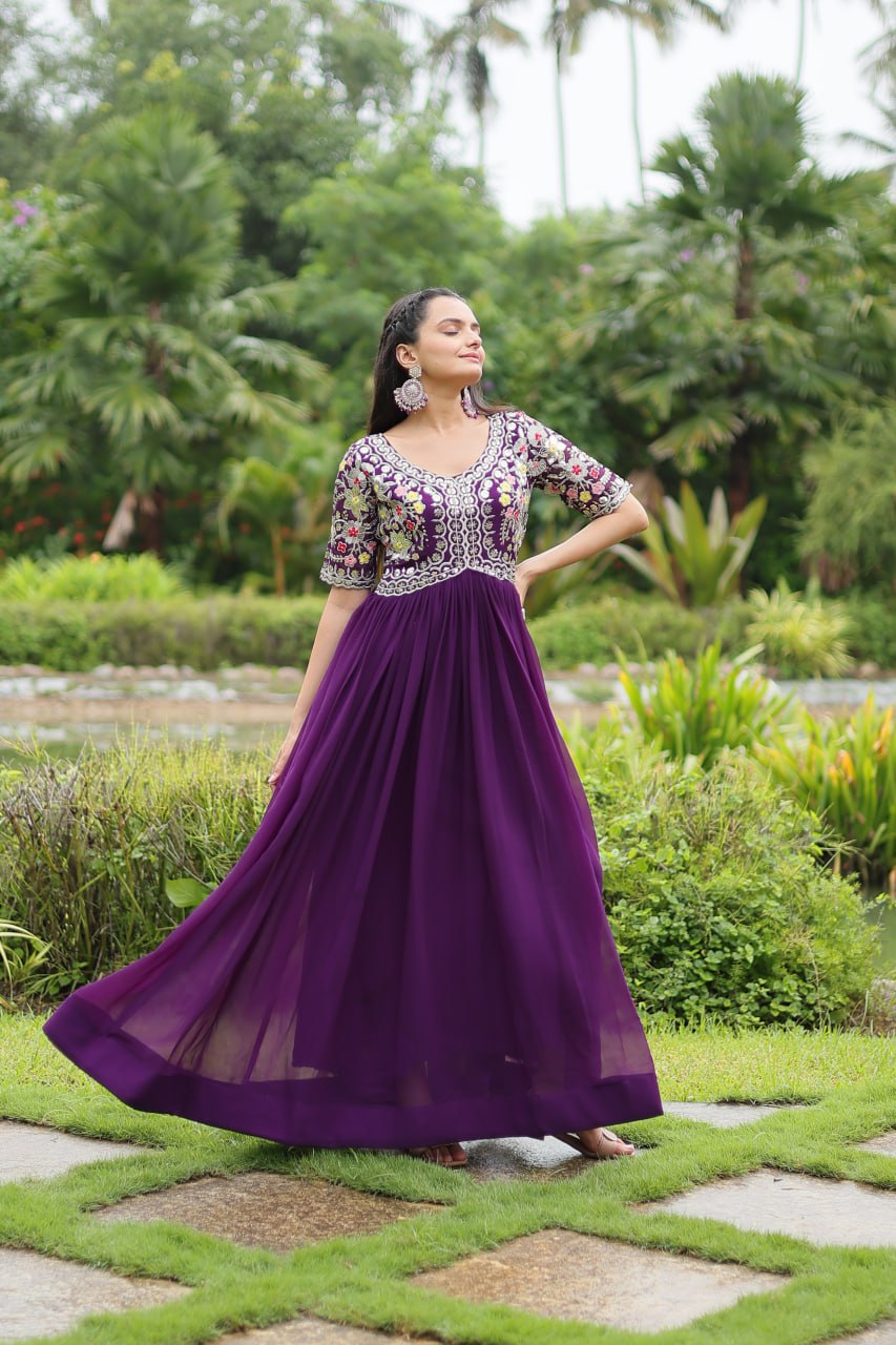 Purple Color Faux Blooming With Embroidery Zari Sequins Work Readymade Gown