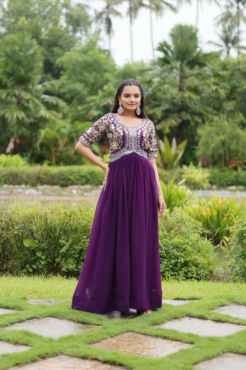 Purple Color Faux Blooming With Embroidery Zari Sequins Work Readymade Gown