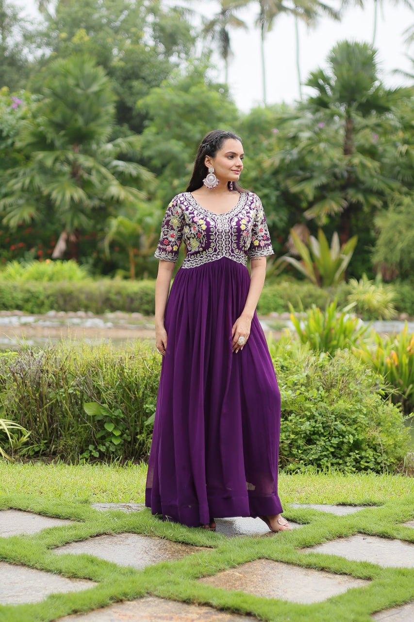 Purple Color Faux Blooming With Embroidery Zari Sequins Work Readymade Gown