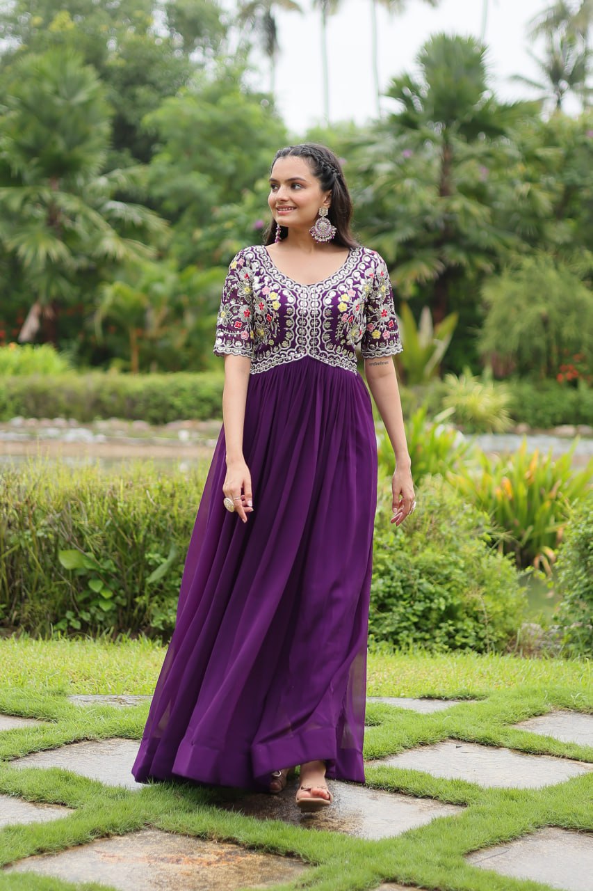 Purple Color Faux Blooming With Embroidery Zari Sequins Work Readymade Gown