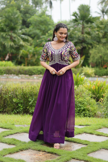 Purple Color Faux Blooming With Embroidery Zari Sequins Work Readymade Gown