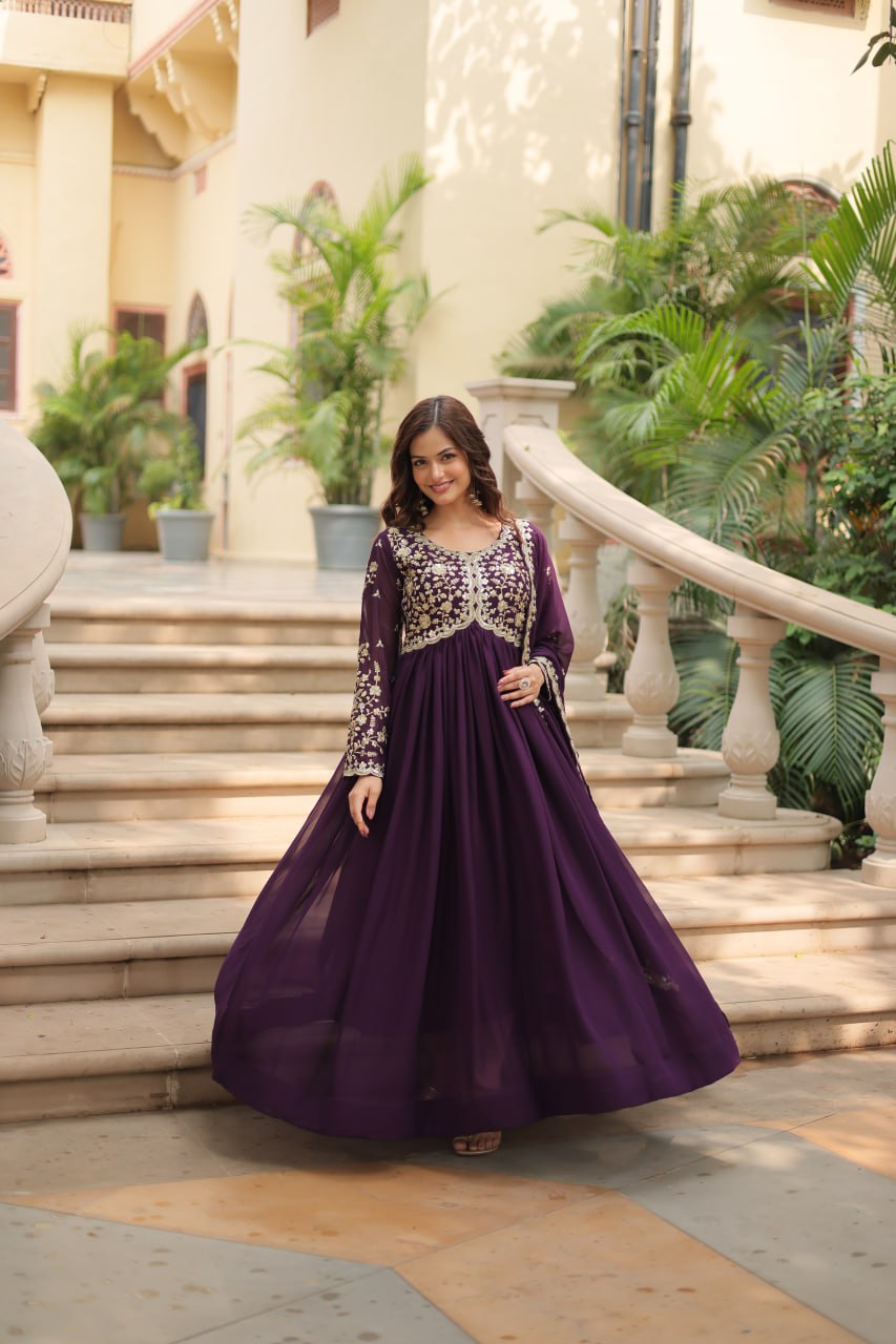 Wine Color Faux Blooming With Sequins Multi Zari Embroidered Work New Collection Gown