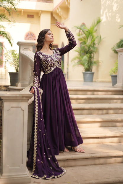 Wine Color Faux Blooming With Sequins Multi Zari Embroidered Work New Collection Gown