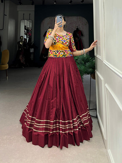 Maroon Color Pure Cotton Plain With Gota Patti Touch Up Navratri Lehenga Choli