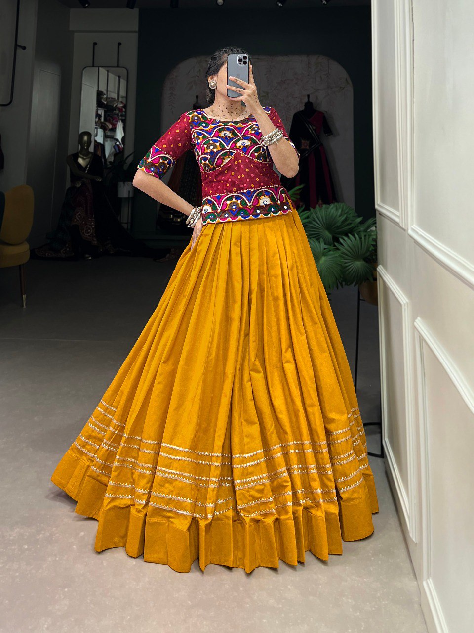 Mustard Color Pure Cotton Plain With Gota Patti Touch Up Navratri Lehenga Choli