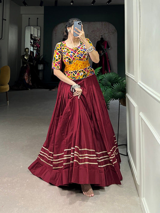 Maroon Color Pure Cotton Plain With Gota Patti Touch Up Navratri Lehenga Choli