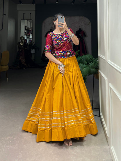 Mustard Color Pure Cotton Plain With Gota Patti Touch Up Navratri Lehenga Choli