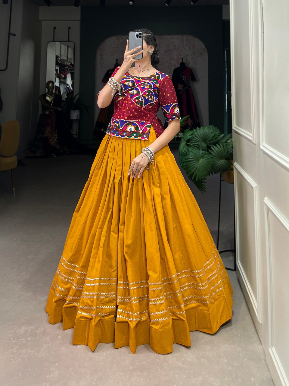 Mustard Color Pure Cotton Plain With Gota Patti Touch Up Navratri Lehenga Choli