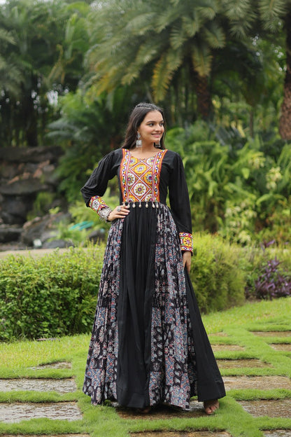 Black Color 14 Kg Reyon With Kutchi Gamthi Work Navratri Collection Gown